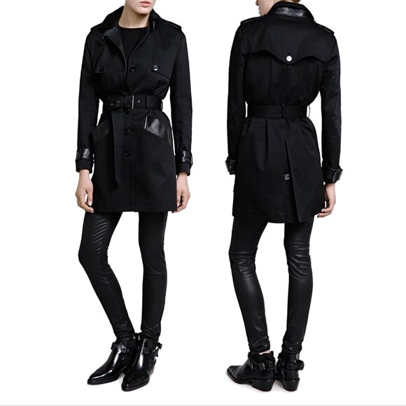 THE KOOPLES Black Leather Trim Belted Trench Coat - Picture 2 of 13